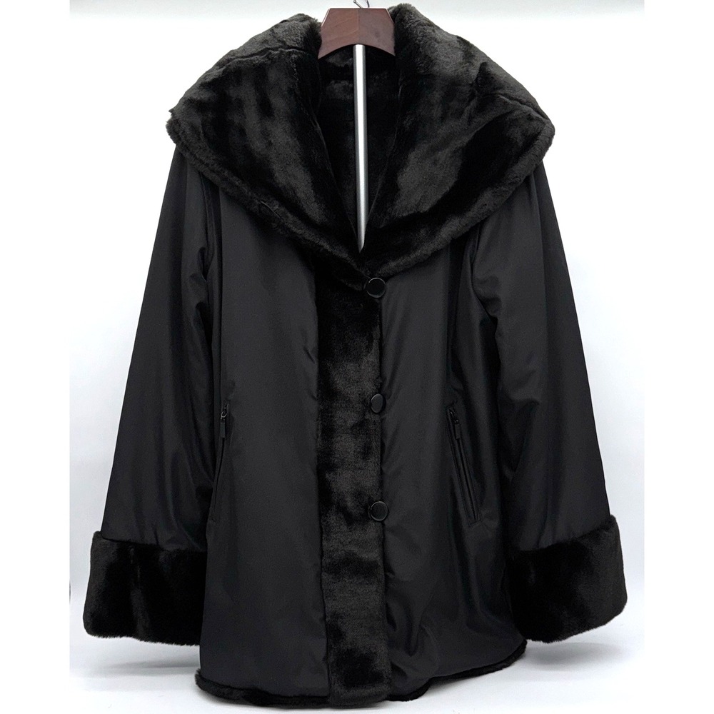 Dennis Basso Women's Black Reversible Faux Fur Mid-Length Jacket‎ Coat size M